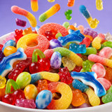 Mega gummy candy salad mix with peach rings, bears, sharks and sour worms