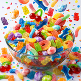 Mega gummy candy salad mix with peach rings, bears, sharks and sour worms
