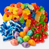 Mega gummy candy salad mix with peach rings, bears, sharks and sour worms