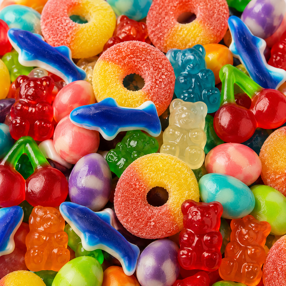 Mega gummy candy salad mix with peach rings, bears, sharks and sour worms
