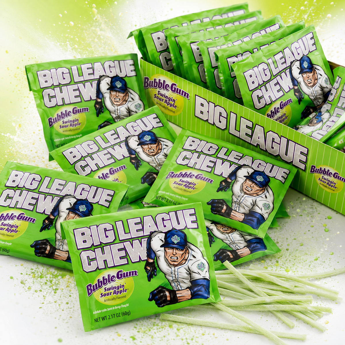Big League Chew Sour Apple shredded bubble gum pouches, 12 count