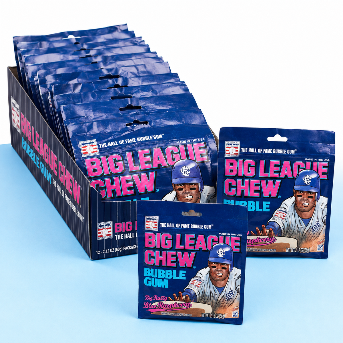 Big League Chew Blue Raspberry shredded bubble gum pouches, 12 count