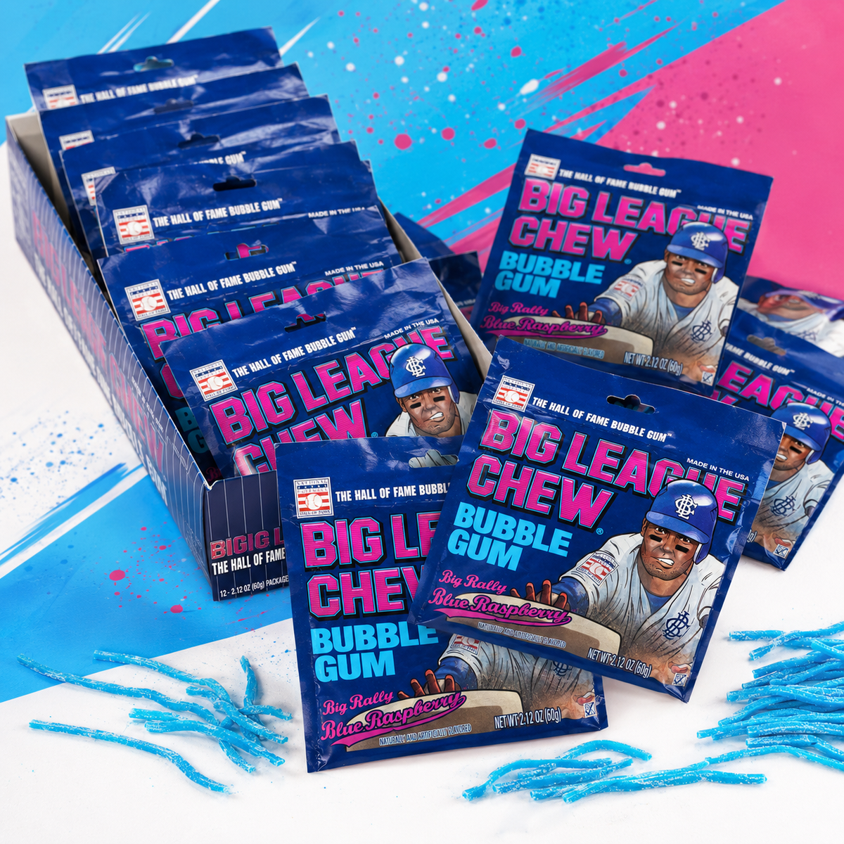 Big League Chew Blue Raspberry shredded bubble gum pouches, 12 count