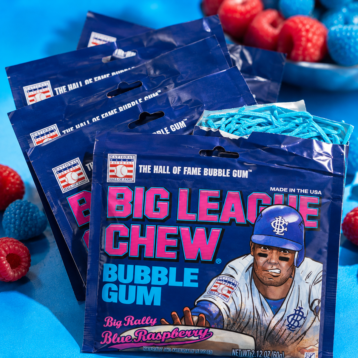 Big League Chew Blue Raspberry shredded bubble gum pouches, 12 count