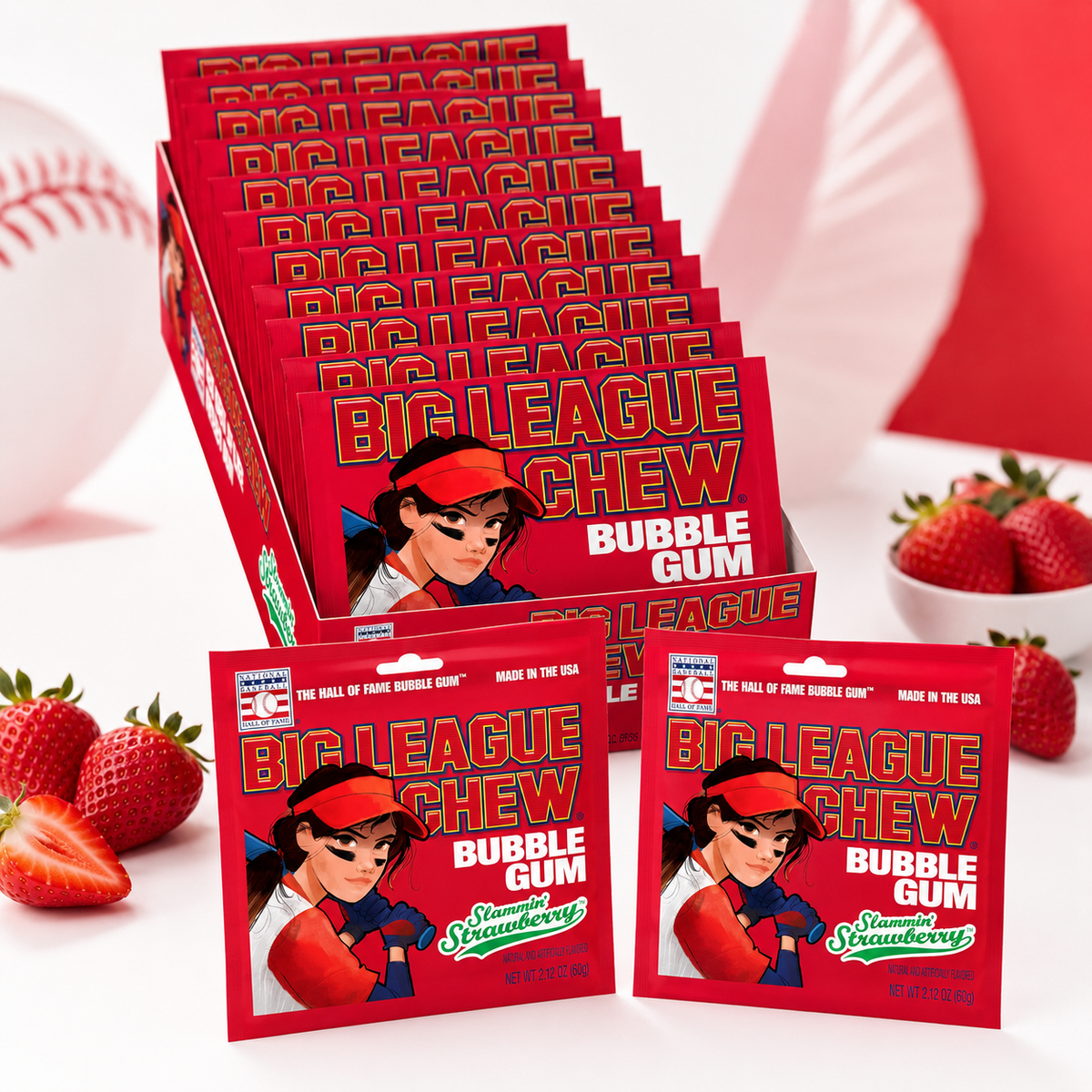 Big League Chew Strawberry shredded bubble gum pouches, 12 count