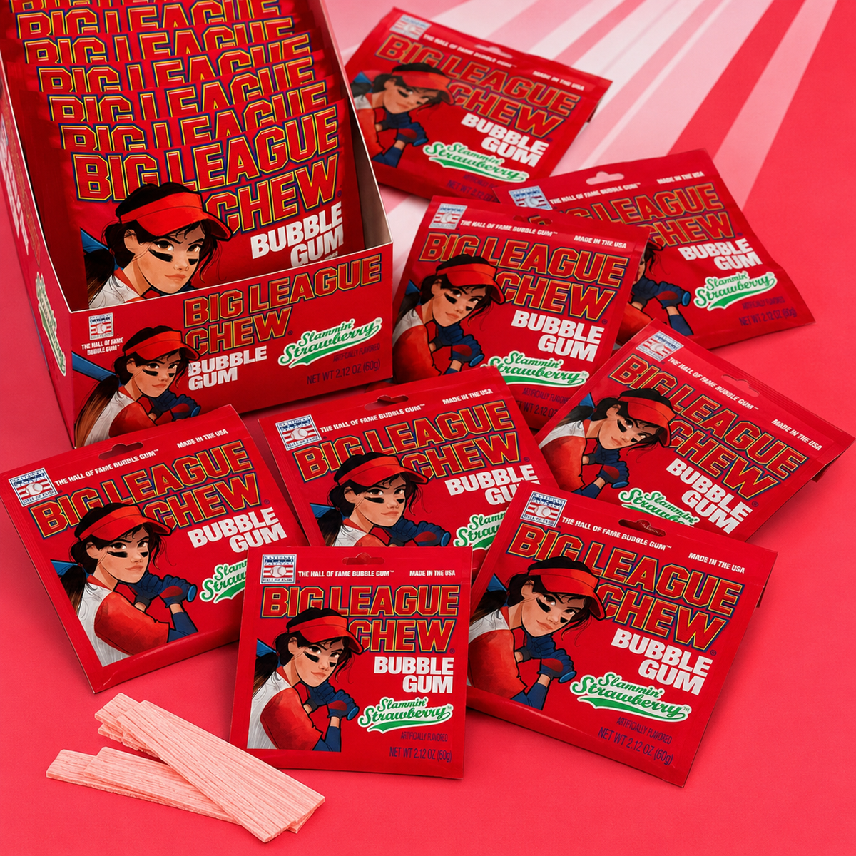 Big League Chew Strawberry shredded bubble gum pouches, 12 count
