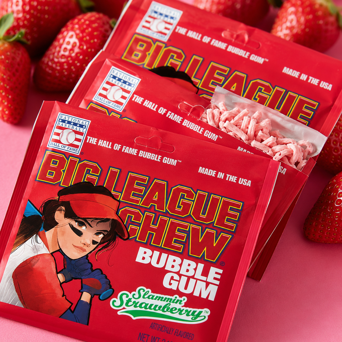 Big League Chew Strawberry shredded bubble gum pouches, 12 count
