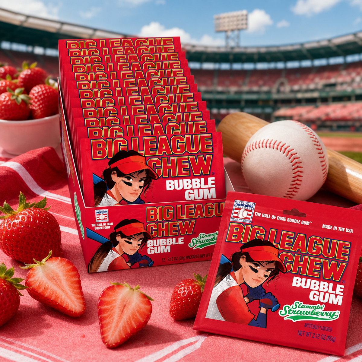 Big League Chew Strawberry shredded bubble gum pouches, 12 count