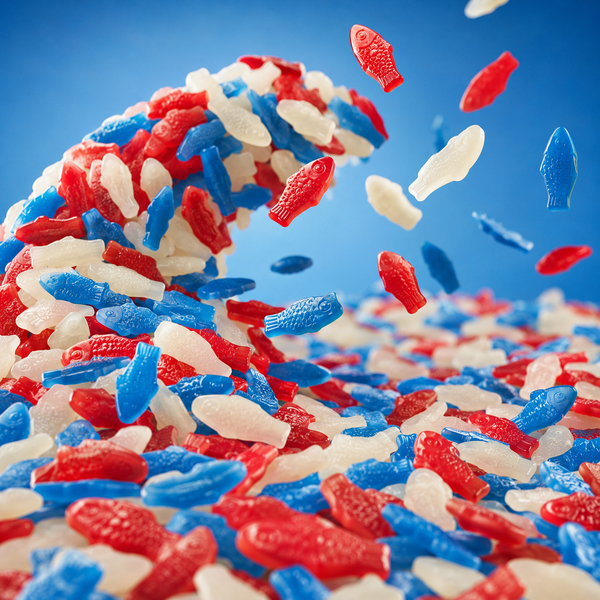 Red, white and blue Swedish Fish gummy candy in a bowl