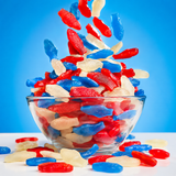 Close-up of red, white and blue Swedish Fish
