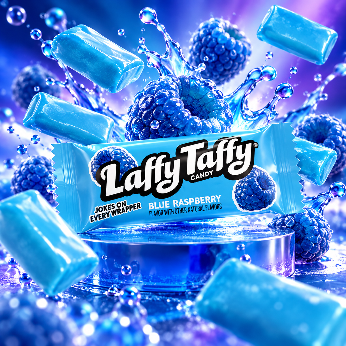 Laffy Taffy Blue Raspberry wrapped mini bars in blue wrappers