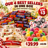 Best Sellers Candy Sampler Bundle box with Jujube Nougat, chocolate mix, licorice taffy and spice drops