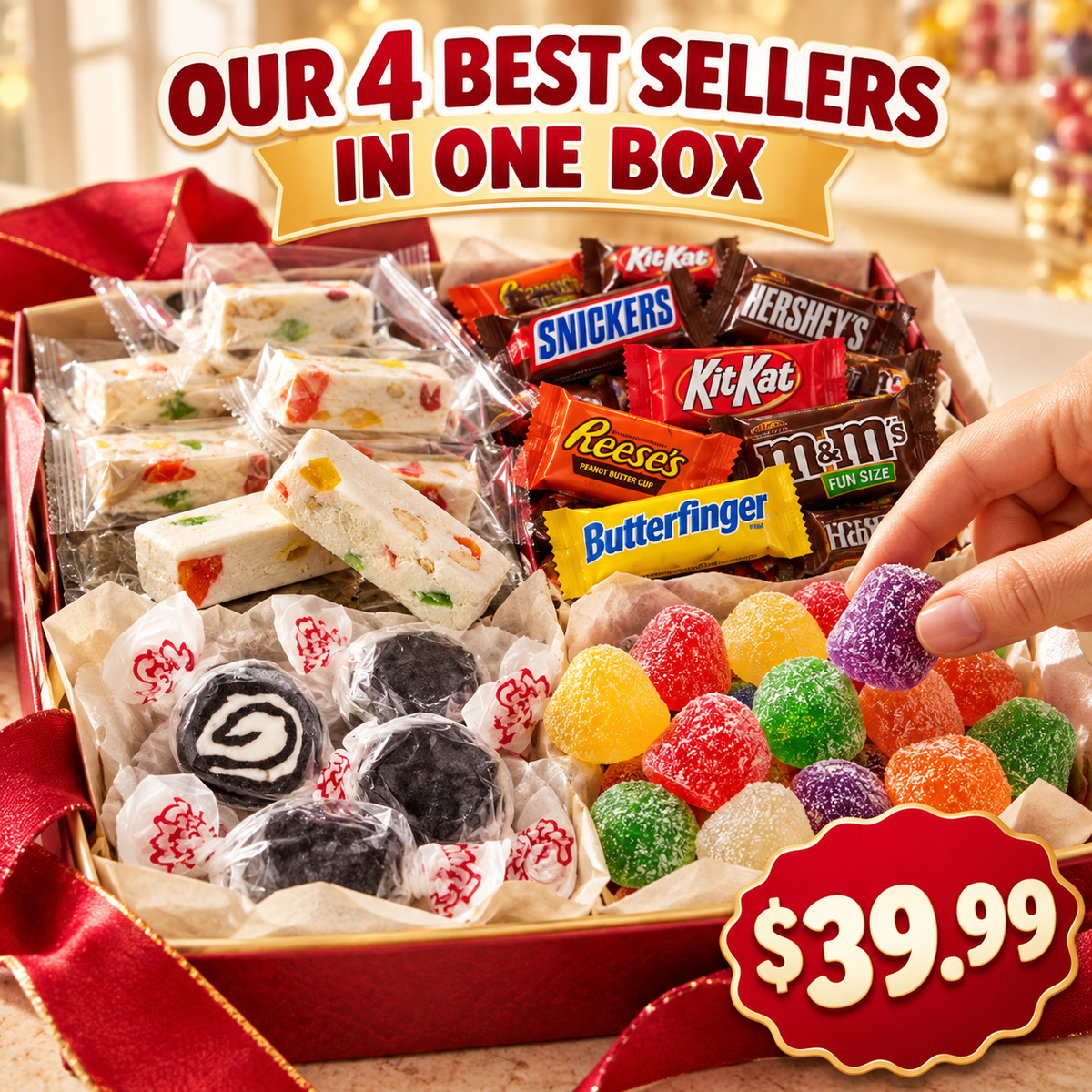 Jujube Nougat, Party Chocolate Mix, Black Licorice Taffy and Spice Drops bags