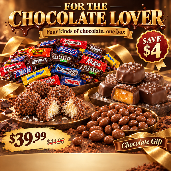 Chocolate Lover Bundle box with chocolate mix, coconut clusters, chocolate raisins and sea salt caramels