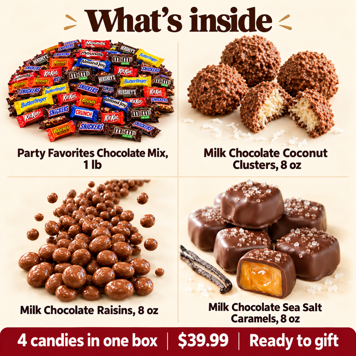 Milk chocolate coconut clusters, raisins and sea salt caramels