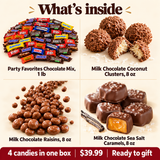Milk chocolate coconut clusters, raisins and sea salt caramels