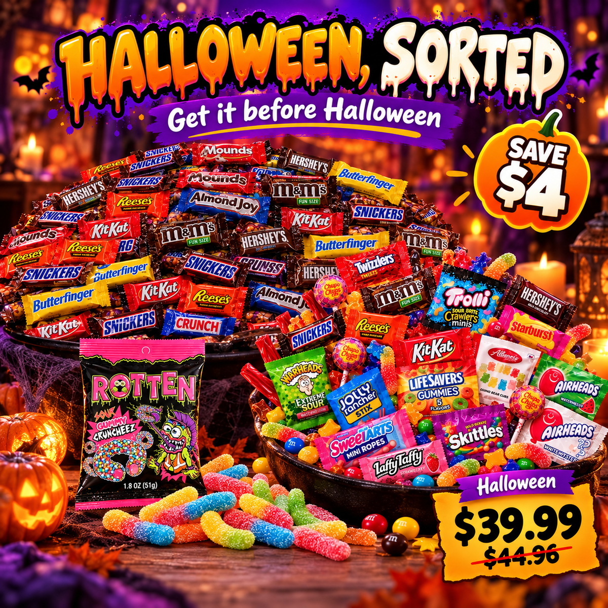 Halloween Treat Box bundle with chocolate mix, Halloween candy mix, Rotten Sour Gummies and sour gummy worms