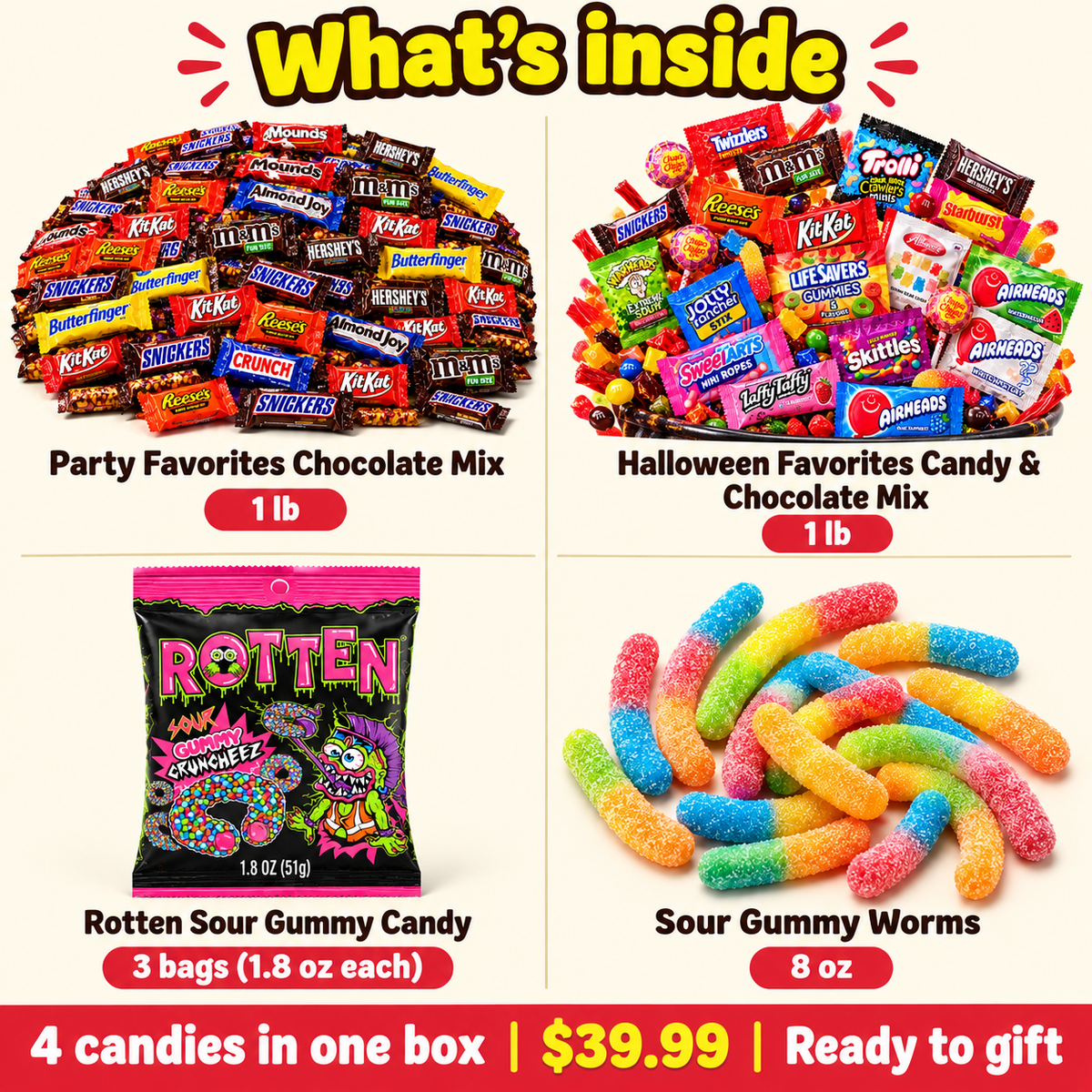 Halloween Treat Box candy bundle contents laid out