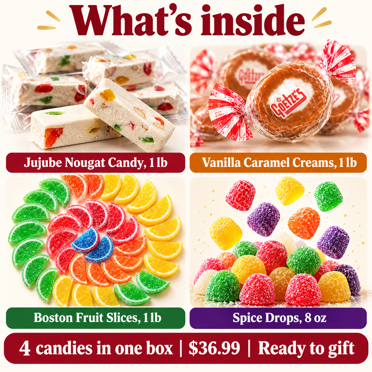 Old-fashioned candy dish bundle contents laid out