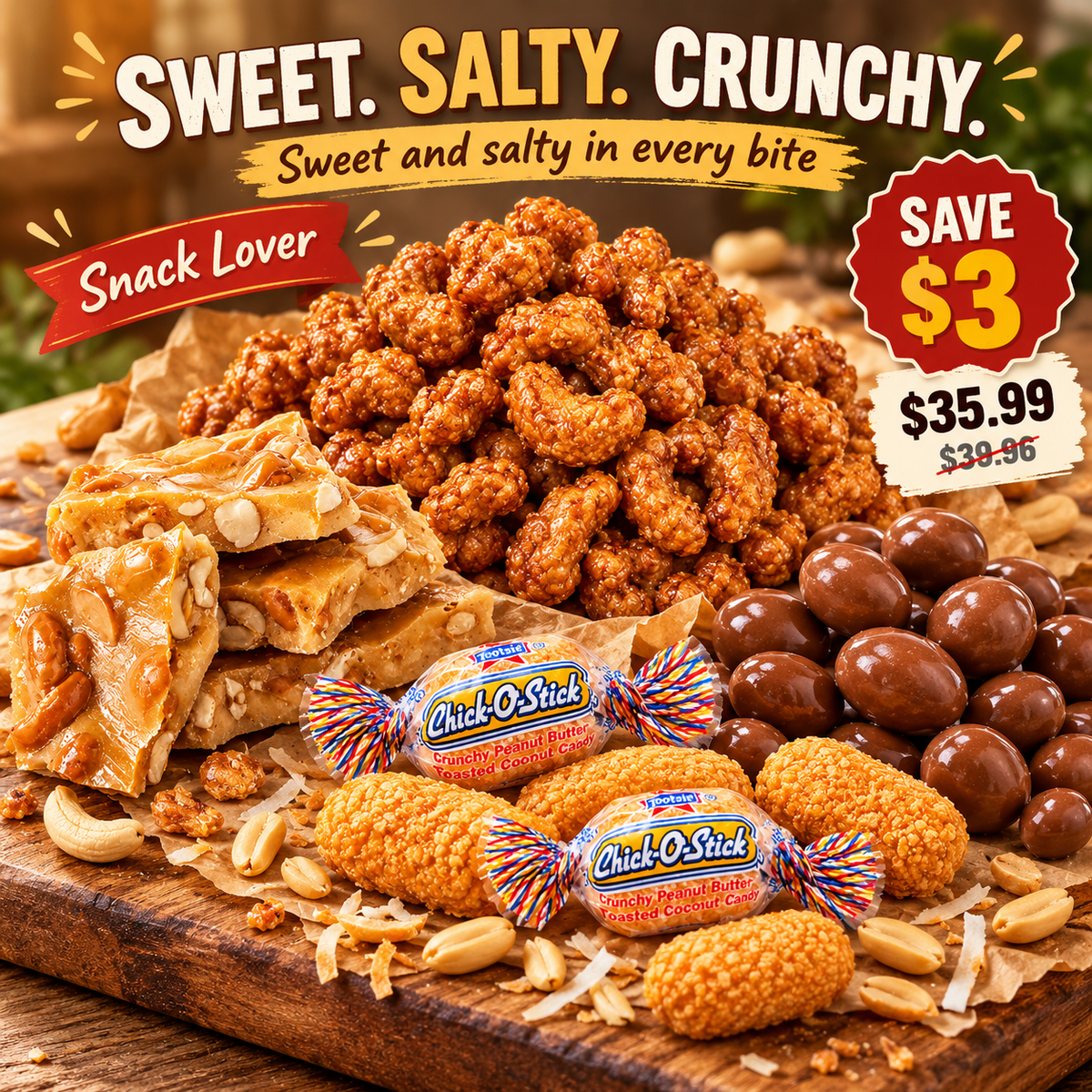 Sweet and Nutty Bundle with caramel cashews, peanut brittle, Chick-O-Stick Bites and chocolate raisins
