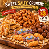Sweet and Nutty Bundle with caramel cashews, peanut brittle, Chick-O-Stick Bites and chocolate raisins