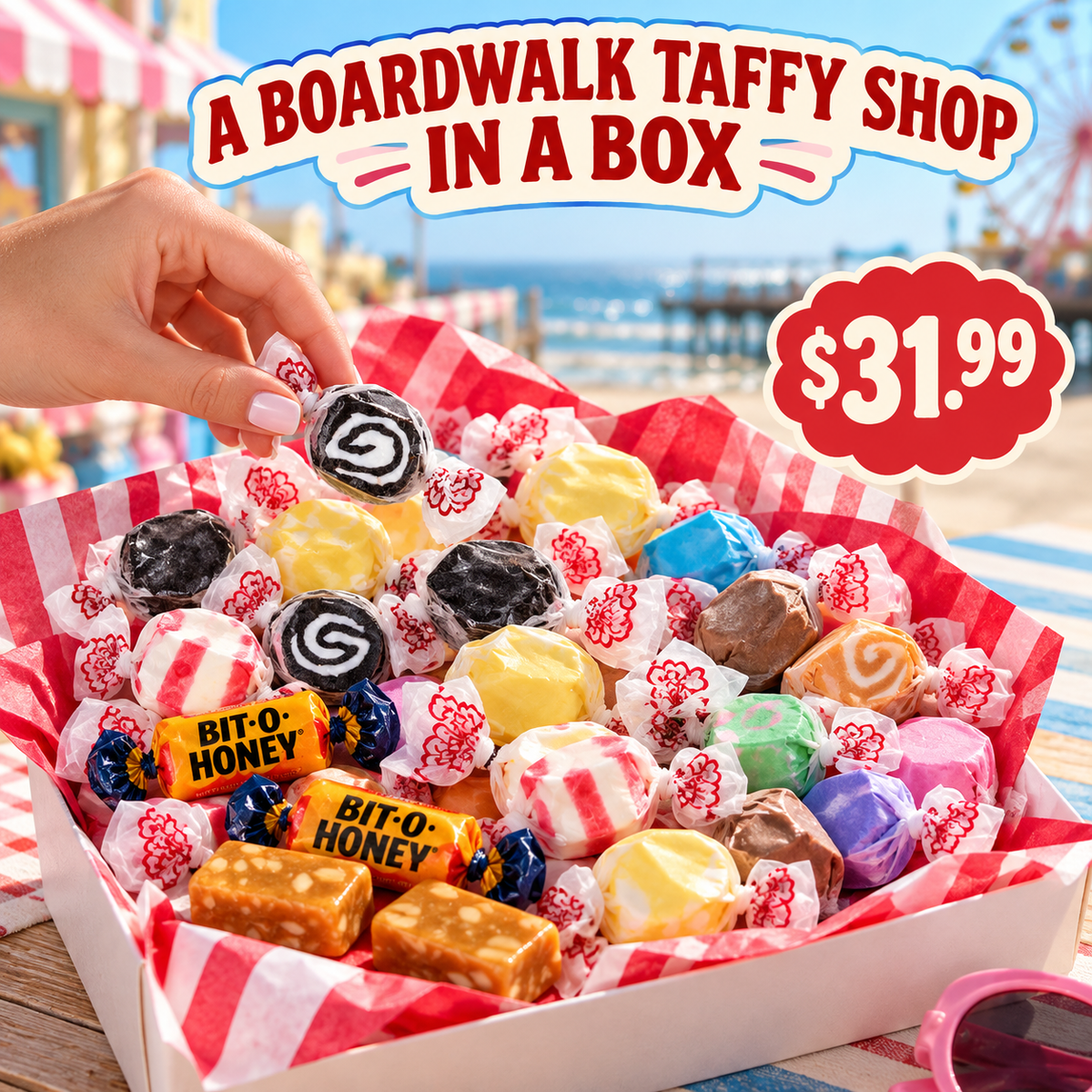 Black licorice swirl, assorted, banana and peppermint salt water taffy