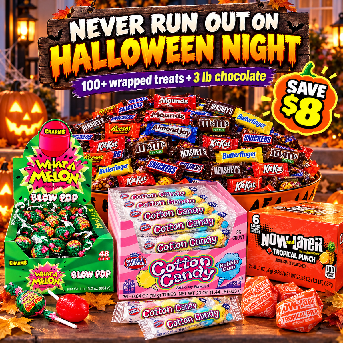 Trick-or-Treat Big Night Bundle with 3 lb chocolate mix, Blow Pops, Dubble Bubble and Now and Later
