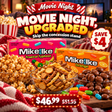 Movie Night Box bundle with caramel popcorn, pub snack mix, chocolate raisins and Mike and Ike theater boxes