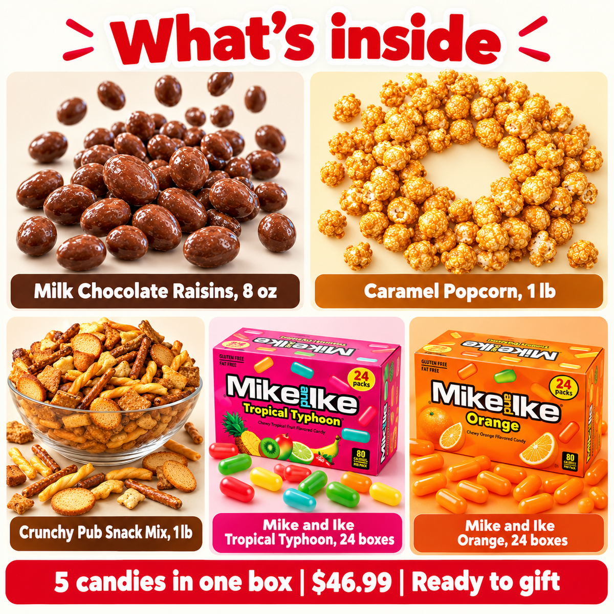 Movie Night candy and snack box contents laid out