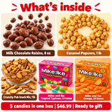 Movie Night candy and snack box contents laid out