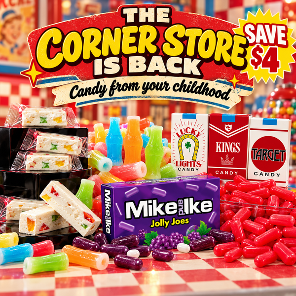 Retro Candy Counter Bundle with Jujube Nougat, wax bottles, candy cigarettes, Hot Tamales and Jolly Joes