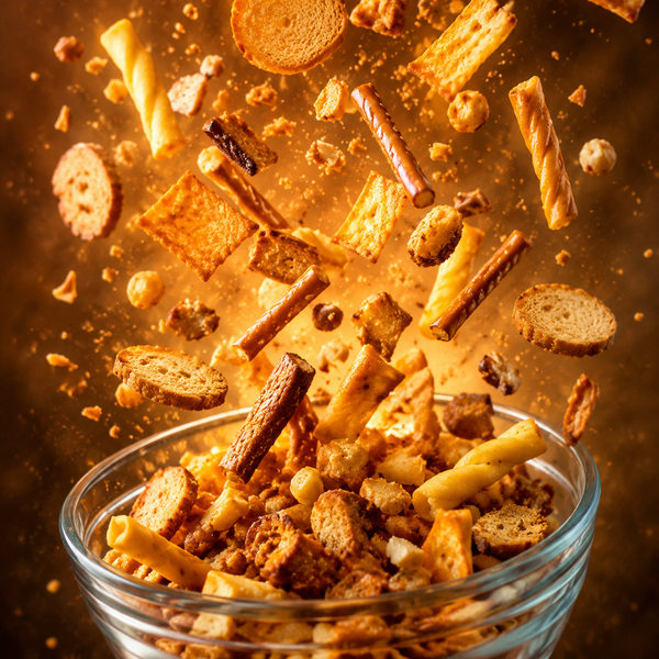 Crunchy pub snack mix with pretzels, bagel chips and cheese crunchies
