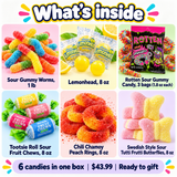 Spooky Sour Pack contents laid out: sour worms, Lemonheads, Rotten gummies, sour Tootsie chews, chamoy peach rings, sour butterflies