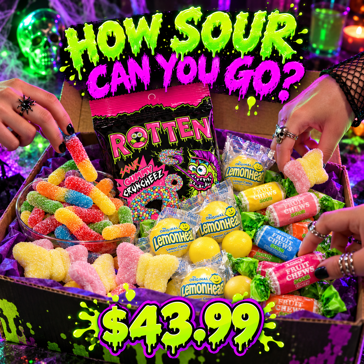 Sour gummy worms and Rotten Sour Gummy Candy close-up