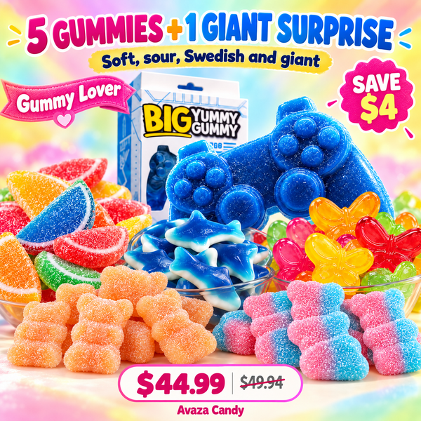 Gummy Lover Bundle with Boston fruit slices, blue sharks, butterflies, Swedish sour bears and a giant gamepad gummy