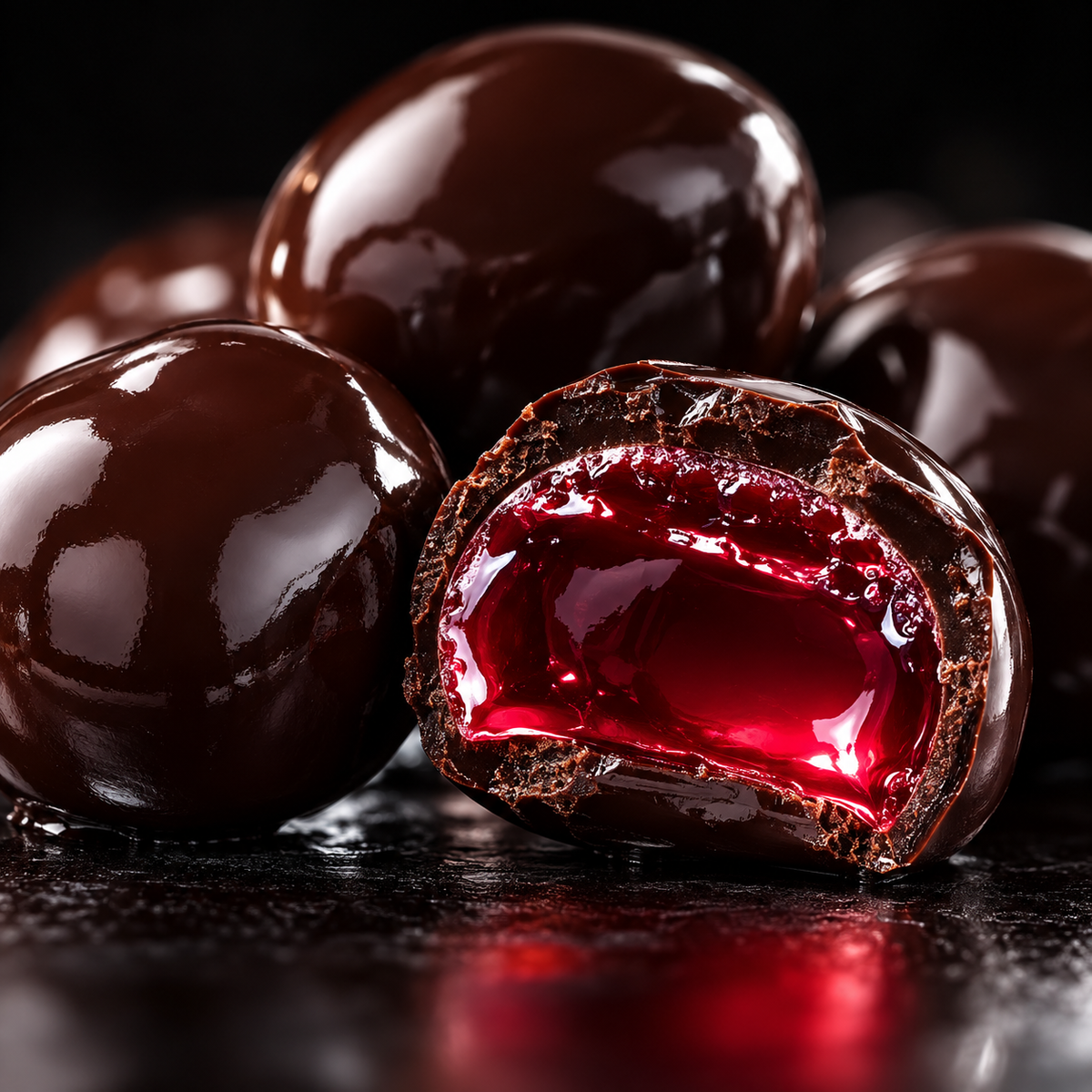 Dark chocolate pomegranate candy cut open showing pomegranate center
