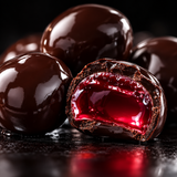Dark chocolate pomegranate candy cut open showing pomegranate center