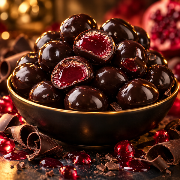 Dark chocolate covered pomegranate candies in a bulk bag