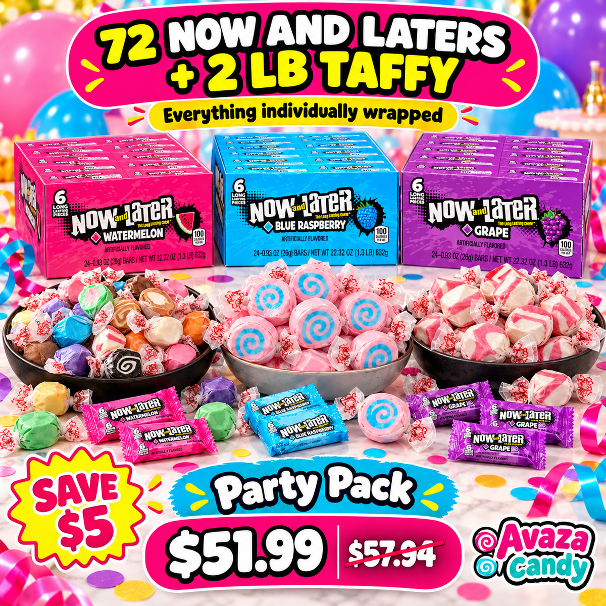 Now and Later Taffy Party Bundle with 72 Now and Later chews and salt water taffy