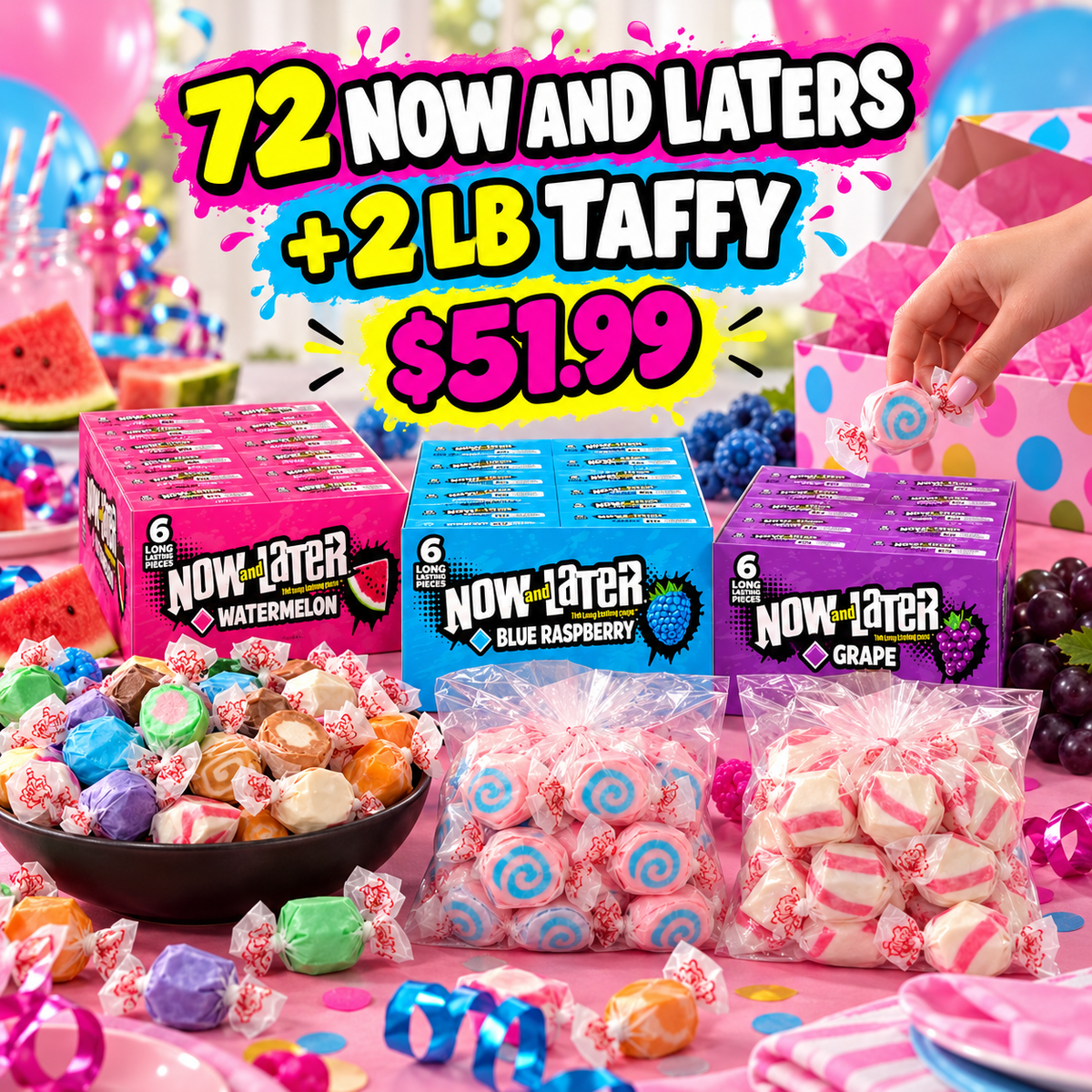 Now and Later watermelon, blue raspberry and grape chews with salt water taffy