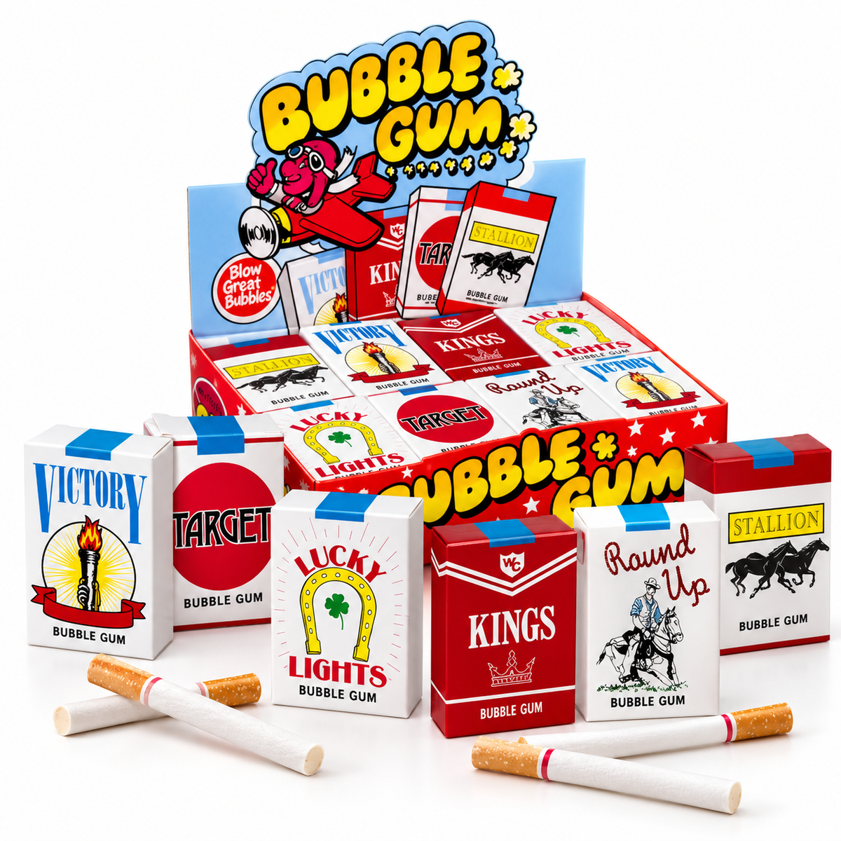Five packs of bubble gum cigarettes in front of a Bubble Gum display box