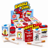 Five packs of bubble gum cigarettes in front of a Bubble Gum display box