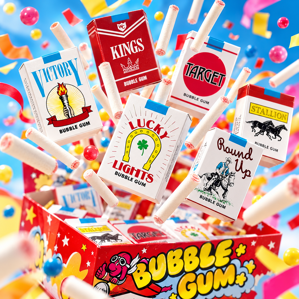 Bubble gum cigarette packs and gum sticks bursting from a candy display box