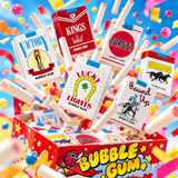 Bubble gum cigarette packs and gum sticks bursting from a candy display box