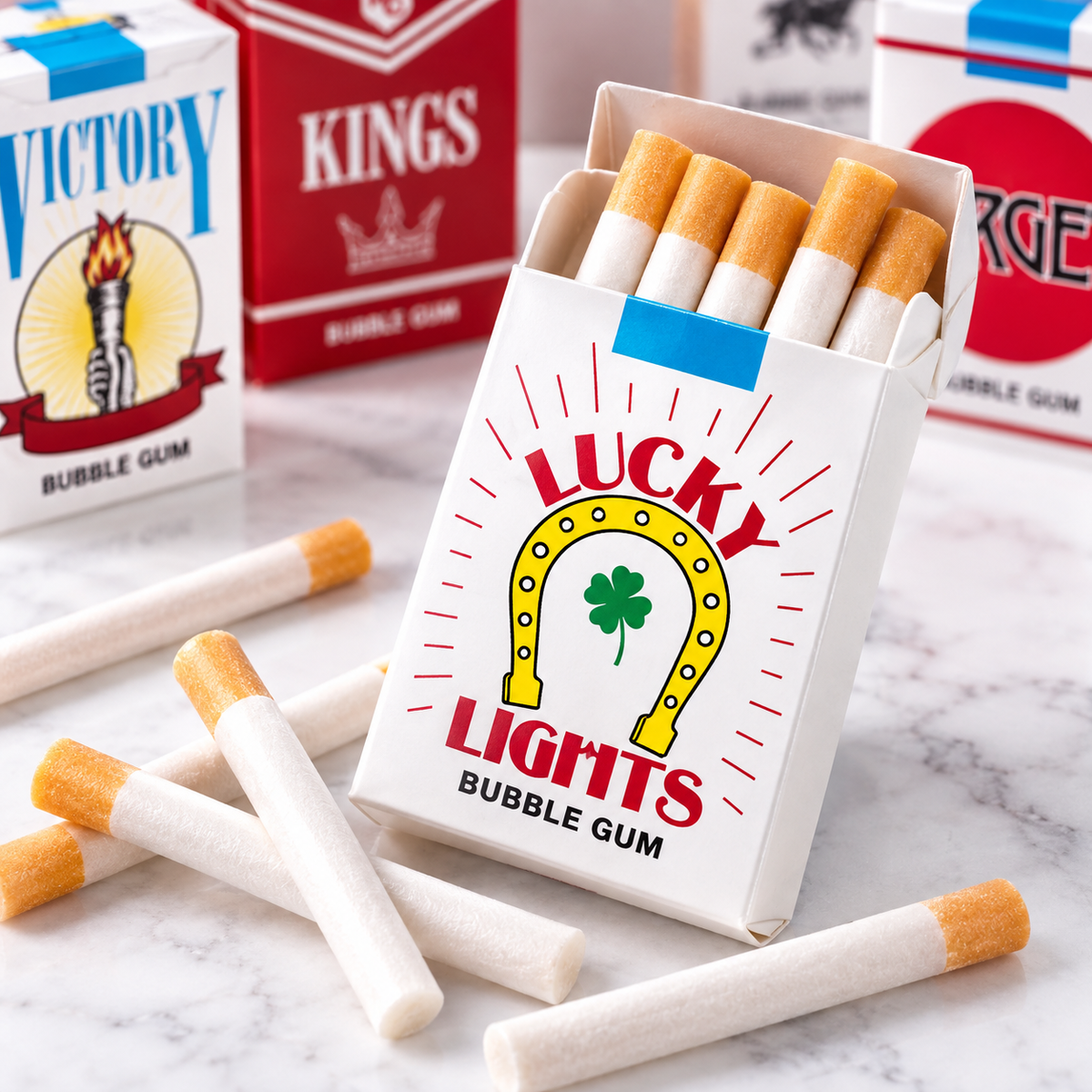 Lucky Lights bubble gum cigarettes pack with powdered gum sticks