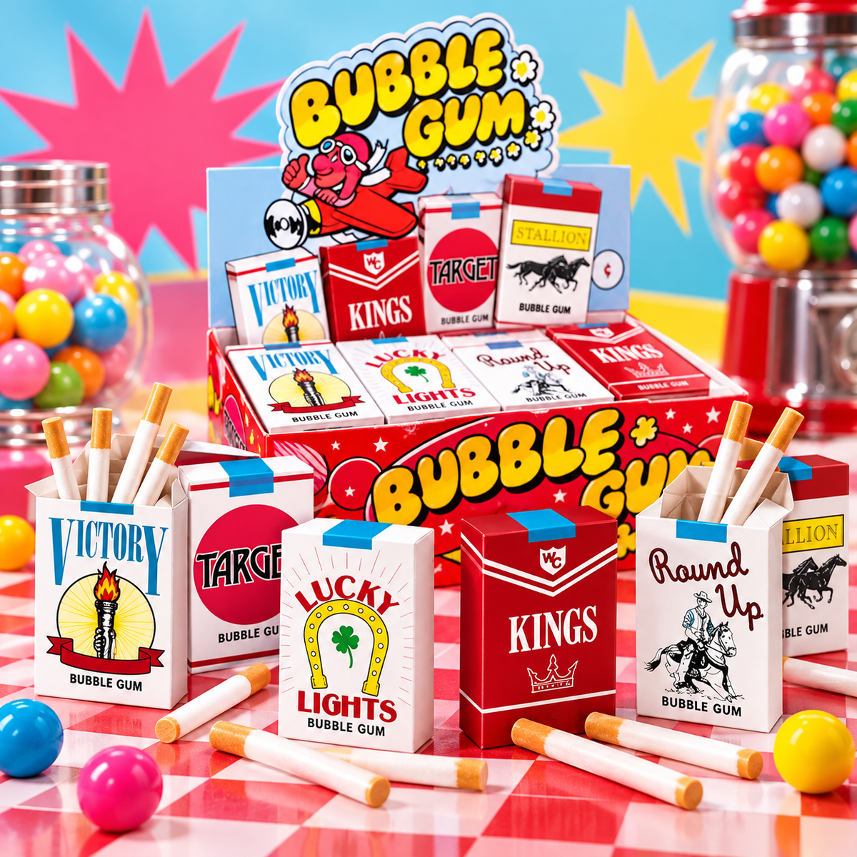 Bubble gum cigarettes in retro Victory, Kings, Lucky Lights and Round Up packs