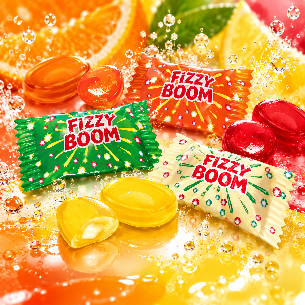 Fizzy Boom candies with orange and lemon slices and fizzing bubbles