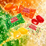 Fizzy Boom wrapped candies with orange, red and yellow hard candies
