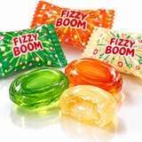Fizzy Boom hard candy broken open to show the fizzy powder center