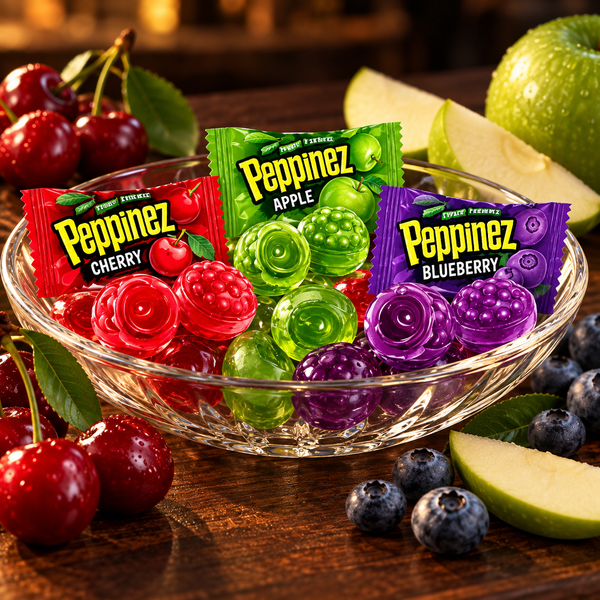 Roshen Peppinez cherry, apple and blueberry hard candies in a glass bowl